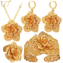 Load image into Gallery viewer, Vintage Flower Jewelry Sets Gold Necklace Cuff Bracelet Drop