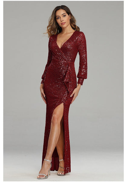 V Neck Mermaid Sequined Formal Burgundy Evening Dresses Women Elegant