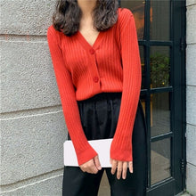 Load image into Gallery viewer, V neck Candy Color Sweet Cardigan Women Buttoned Long sleeved Knitted - Sophornlilly