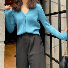 Load image into Gallery viewer, V neck Candy Color Sweet Cardigan Women Buttoned Long sleeved Knitted - Sophornlilly
