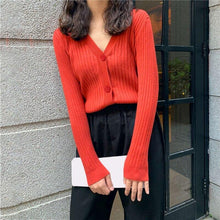 Load image into Gallery viewer, V neck Candy Color Sweet Cardigan Women Buttoned Long sleeved Knitted - Sophornlilly