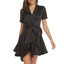 Load image into Gallery viewer, Casual Solid Dress For Women V Neck Short Sleeve High Waist - Sophornlilly