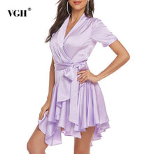 Load image into Gallery viewer, Casual Solid Dress For Women V Neck Short Sleeve High Waist - Sophornlilly