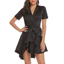 Load image into Gallery viewer, Casual Solid Dress For Women V Neck Short Sleeve High Waist - Sophornlilly