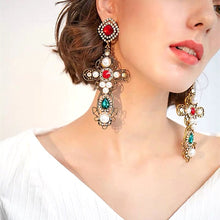 Load image into Gallery viewer, Vintage Baroque Style Crystal With Pearls Big Cross Dangle Earrings