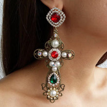 Load image into Gallery viewer, Vintage Baroque Style Crystal With Pearls Big Cross Dangle Earrings