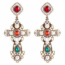 Load image into Gallery viewer, Vintage Baroque Style Crystal With Pearls Big Cross Dangle Earrings