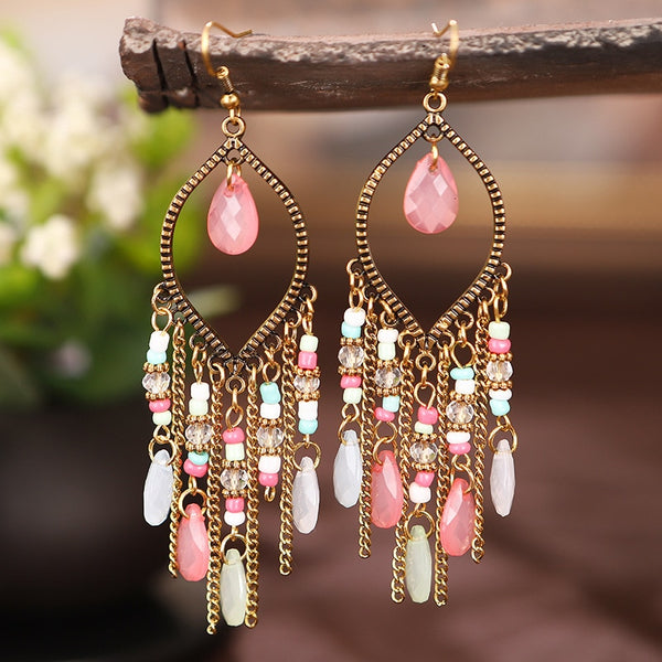 Vintage Colorful Crystal Chain Tassel Earrings Handmade