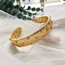 Load image into Gallery viewer, Vintage Cuff Bangle Brushed Cut Four Leaf Flower Micro AAA Zircon