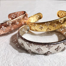 Load image into Gallery viewer, Vintage Cuff Bangle Brushed Cut Four Leaf Flower Micro AAA Zircon