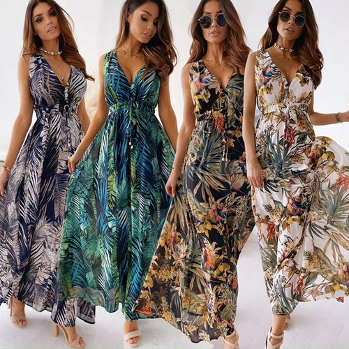 Vintage Floral Print Long Dress Women Sexy Deep V Neck Lace Up