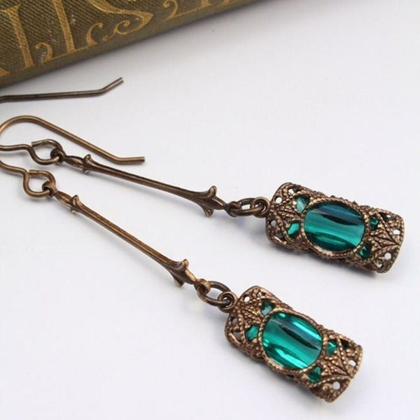 Vintage Green Blue Zircon Rhinestones Long Dangle Earrings