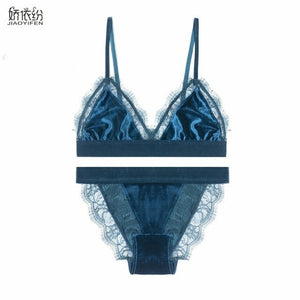 Vintage Velvet Women Underwear Set Sexy Lace Ultra thin Bra Set High