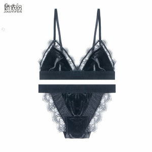 Vintage Velvet Women Underwear Set Sexy Lace Ultra thin Bra Set High