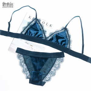 Vintage Velvet Women Underwear Set Sexy Lace Ultra thin Bra Set High