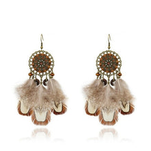 Load image into Gallery viewer, Vintage Women's Brown Natural Feather Earring Hangers Hollow Alloy
