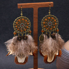 Load image into Gallery viewer, Vintage Women's Brown Natural Feather Earring Hangers Hollow Alloy