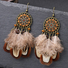 Load image into Gallery viewer, Vintage Women's Brown Natural Feather Earring Hangers Hollow Alloy