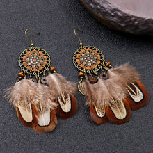 Load image into Gallery viewer, Vintage Women's Brown Natural Feather Earring Hangers Hollow Alloy