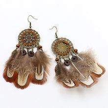 Load image into Gallery viewer, Vintage Women's Brown Natural Feather Earring Hangers Hollow Alloy