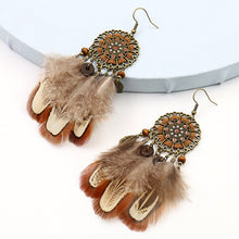 Load image into Gallery viewer, Vintage Women's Brown Natural Feather Earring Hangers Hollow Alloy