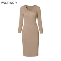 V-neck Wrapped Knitted Dress Autumn Solid Sheath Sweater