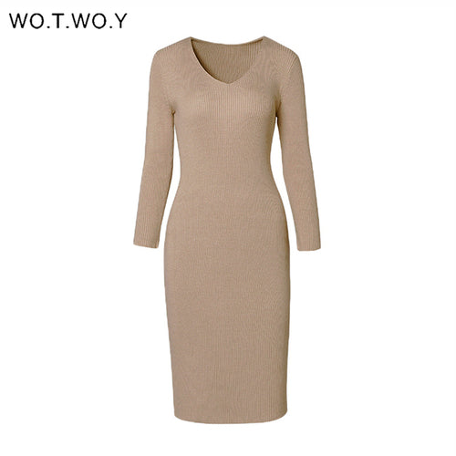 V-neck Wrapped Knitted Dress Autumn Solid Sheath Sweater