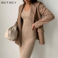 V-neck Wrapped Knitted Dress Autumn Solid Sheath Sweater