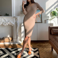 V-neck Wrapped Knitted Dress Autumn Solid Sheath Sweater