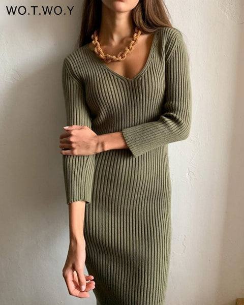 V-neck Wrapped Knitted Dress Autumn Solid Sheath Sweater