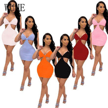 Load image into Gallery viewer, Rib Knit Deep V Neck Spaghetti Strap Dresses Off Shoulder Bag Hip - Sophornlilly