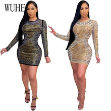 Load image into Gallery viewer, Sexy Summer Glitter Rhinestone Dress O Neck Long Sleeve Bag Hip - Sophornlilly