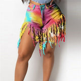 Tie Dye Print Rainbow Denim Short Pants Patchwork Tassels Pockets