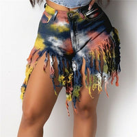 Tie Dye Print Rainbow Denim Short Pants Patchwork Tassels Pockets