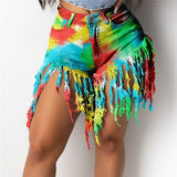 Tie Dye Print Rainbow Denim Short Pants Patchwork Tassels Pockets