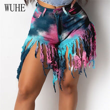 Load image into Gallery viewer, Tie Dye Print Rainbow Denim Short Pants Patchwork Tassels Pockets