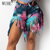 Tie Dye Print Rainbow Denim Short Pants Patchwork Tassels Pockets