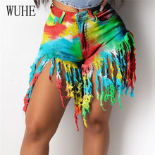 Load image into Gallery viewer, Tie Dye Print Rainbow Denim Short Pants Patchwork Tassels Pockets