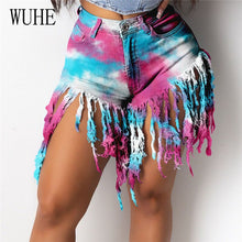 Load image into Gallery viewer, Tie Dye Print Rainbow Denim Short Pants Patchwork Tassels Pockets