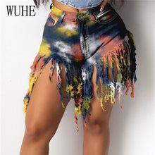 Load image into Gallery viewer, Tie Dye Print Rainbow Denim Short Pants Patchwork Tassels Pockets