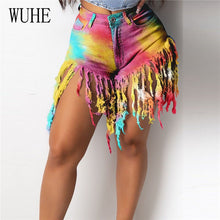 Load image into Gallery viewer, Tie Dye Print Rainbow Denim Short Pants Patchwork Tassels Pockets