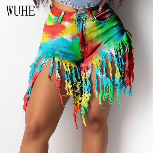 Tie Dye Print Rainbow Denim Short Pants Patchwork Tassels Pockets