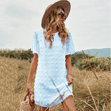 White Chiffon Round Neck High Waist Polka Dot Dress