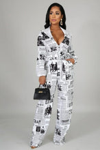 Load image into Gallery viewer, White Newspapers Printing Women Jumpsuits Stand Neck Long Sleeves - Sophornlilly