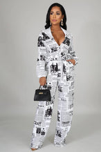 Load image into Gallery viewer, White Newspapers Printing Women Jumpsuits Stand Neck Long Sleeves - Sophornlilly
