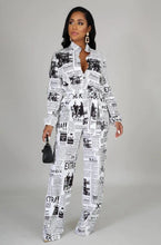 Load image into Gallery viewer, White Newspapers Printing Women Jumpsuits Stand Neck Long Sleeves - Sophornlilly