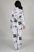Load image into Gallery viewer, White Newspapers Printing Women Jumpsuits Stand Neck Long Sleeves - Sophornlilly