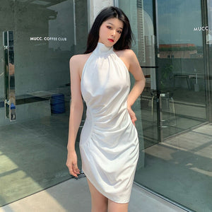 White Satin Mini Dress Sexy Backless Sleeveless Lace