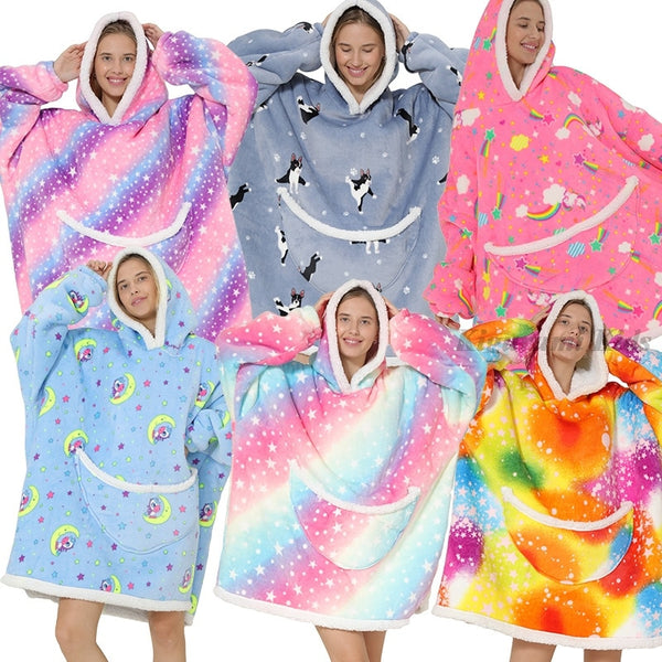 Winter Oversize Huggle Hoodie Sweatshirt Kids Women Flannel Blanket