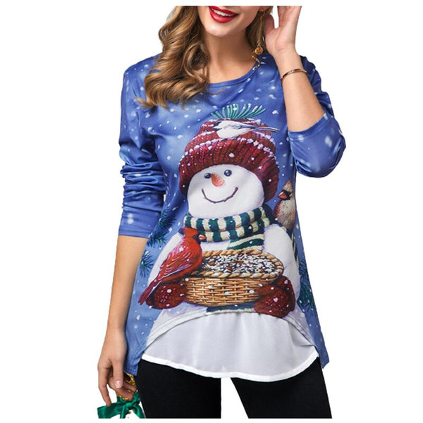 Woman Christmas T shirt Snowman Print O neck Long Sleeve